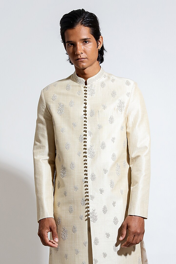 Light Beige Silk Motif Embroidered Wedding Sherwani Set by Vivek Karunakaran at Pernia's Pop Up Shop
