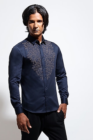 Navy Blue Poplin Embroidered Shirt by Vivek Karunakaran