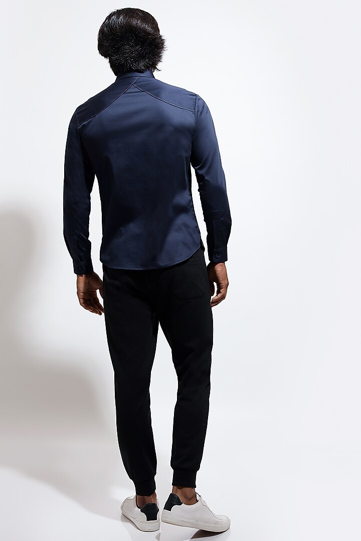Navy Blue Poplin Embroidered Party Wear Shirt by Vivek Karunakaran at Pernia's Pop Up Shop