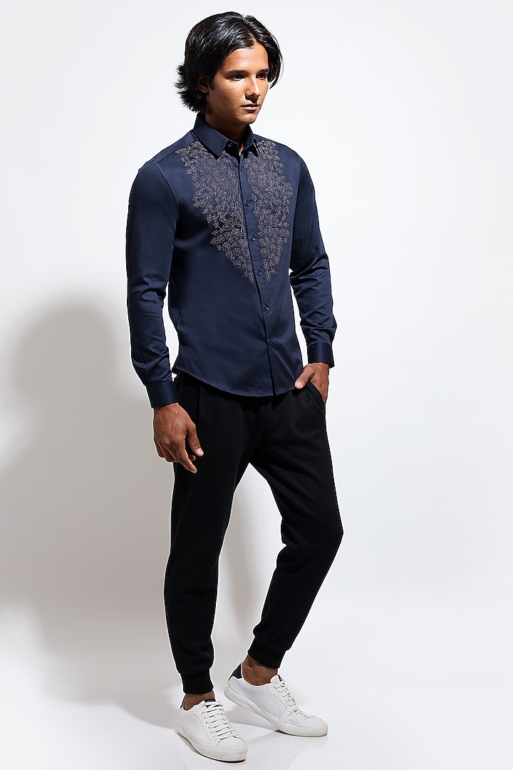 Navy Blue Poplin Embroidered Party Wear Shirt by Vivek Karunakaran at Pernia's Pop Up Shop