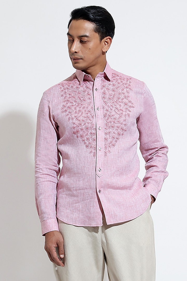 Pink Linen Embroidered Shirt by Vivek Karunakaran
