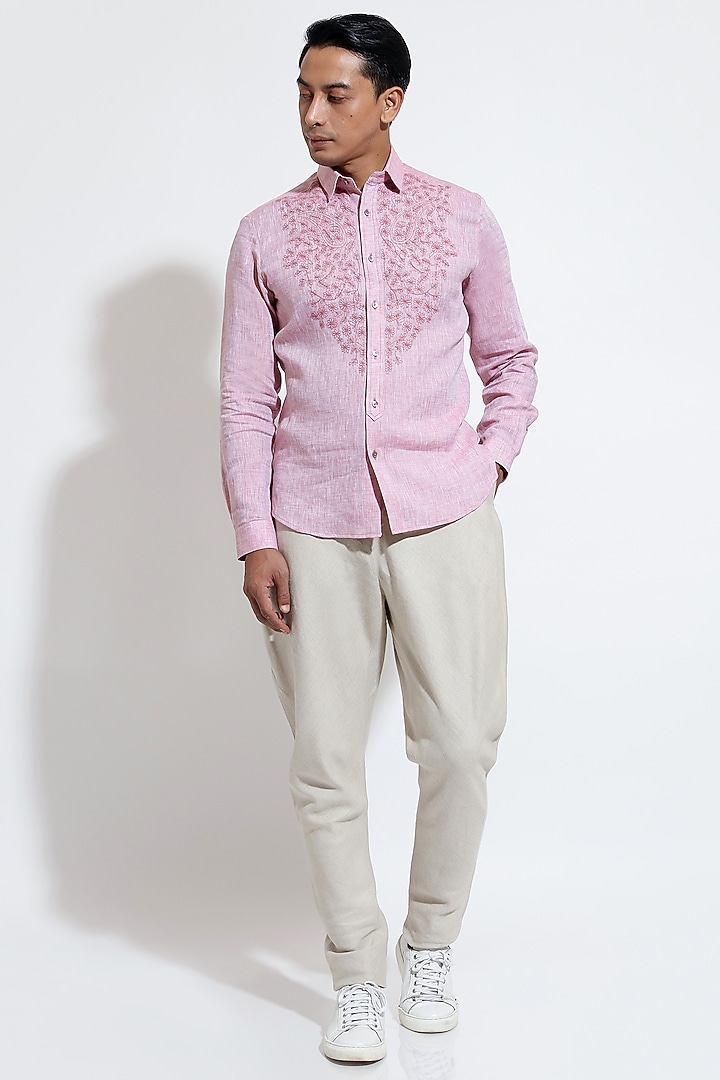 Pink Linen Embroidered Party Wear Shirt by Vivek Karunakaran at Pernia's Pop Up Shop