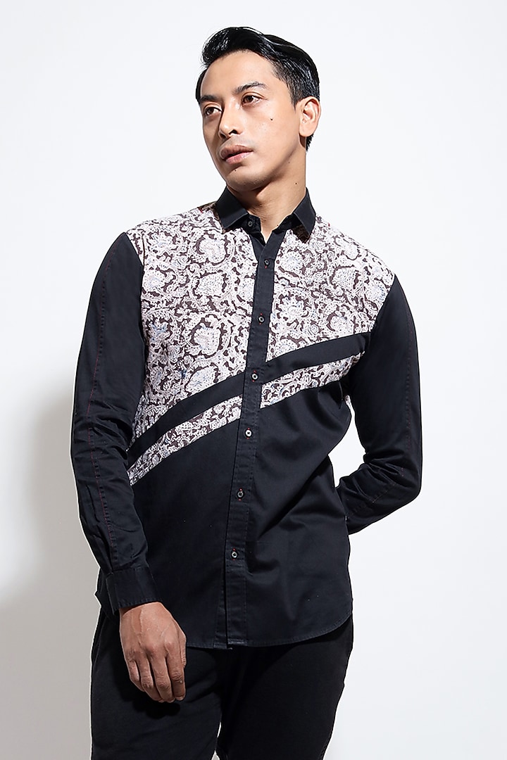 Black Poplin Printed Party Wear Shirt by Vivek Karunakaran at Pernia's Pop Up Shop