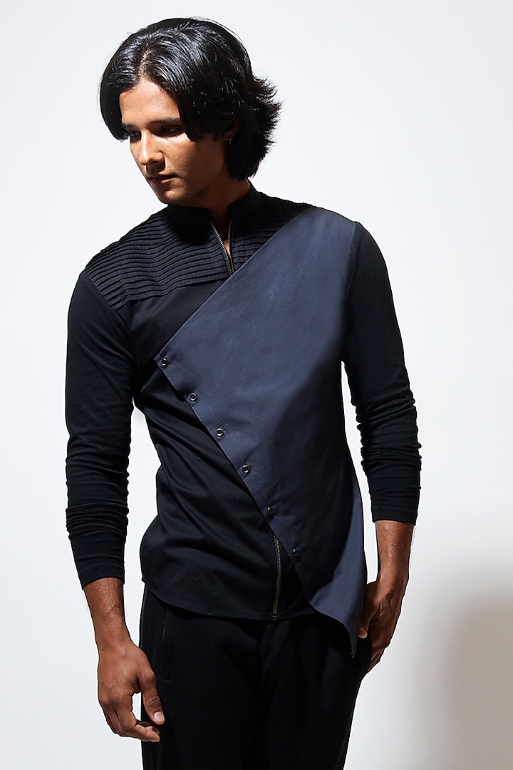 Black Poplin Asymmetric Shirt by Vivek Karunakaran