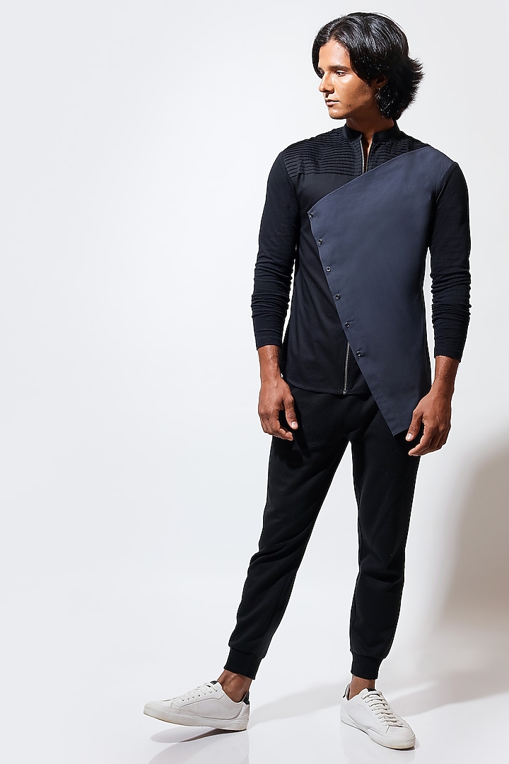 Black Poplin Asymmetric Party Wear Shirt by Vivek Karunakaran at Pernia's Pop Up Shop