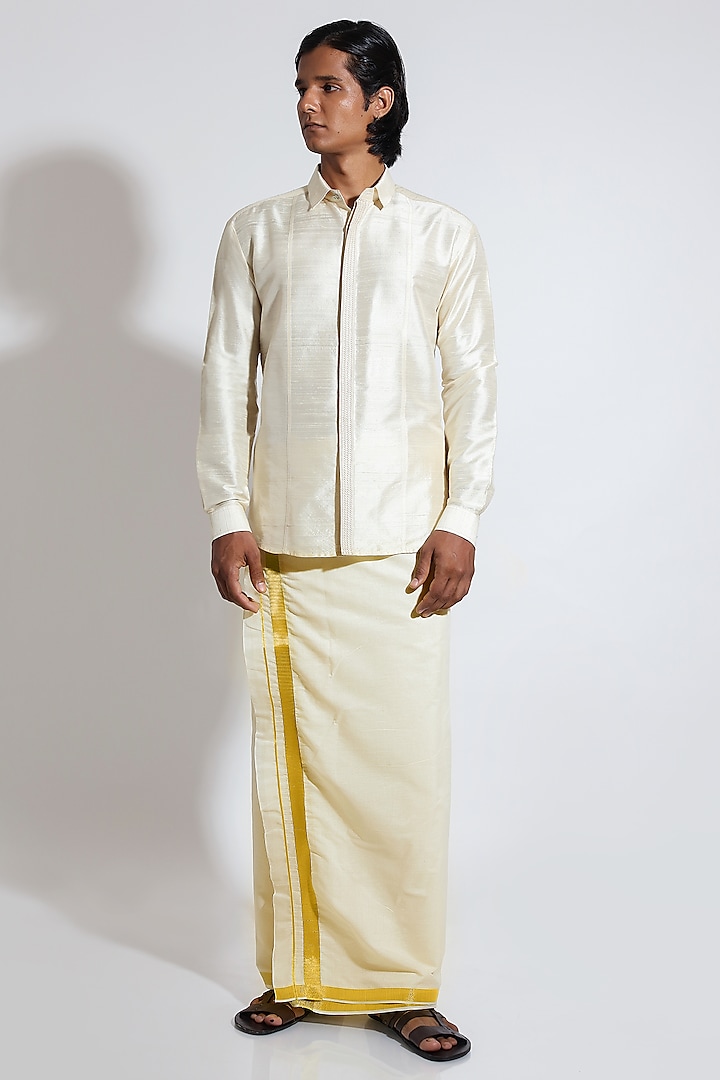 Ivory Raw Silk Shirt by Vivek Karunakaran