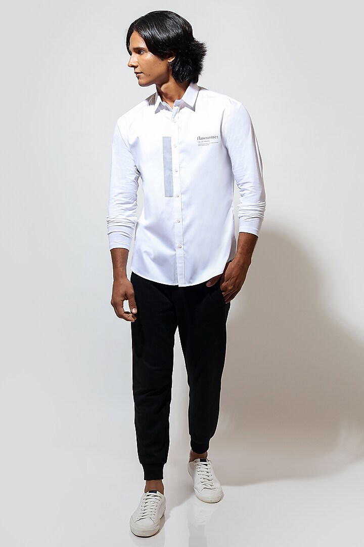 White Poplin Printed Party Wear Shirt by Vivek Karunakaran at Pernia's Pop Up Shop