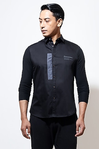 Black Poplin Printed Shirt by Vivek Karunakaran