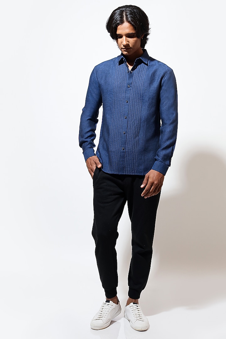 Blue Linen Party Wear Shirt by Vivek Karunakaran at Pernia's Pop Up Shop