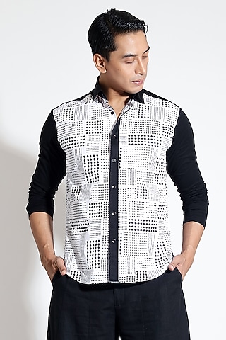 White Poplin Printed Shirt by Vivek Karunakaran