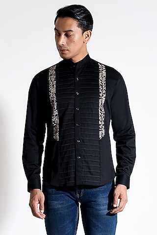 Black Poplin Kalamkari Printed Shirt by Vivek Karunakaran