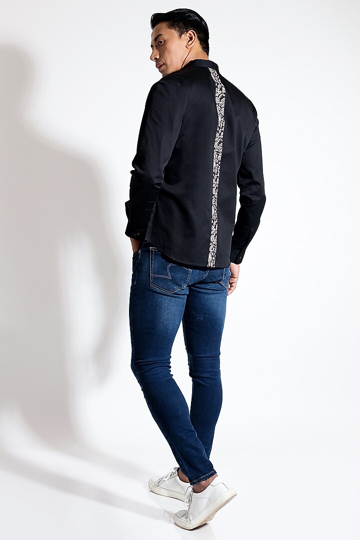 Black Poplin Kalamkari Printed Party Wear Shirt by Vivek Karunakaran at Pernia's Pop Up Shop