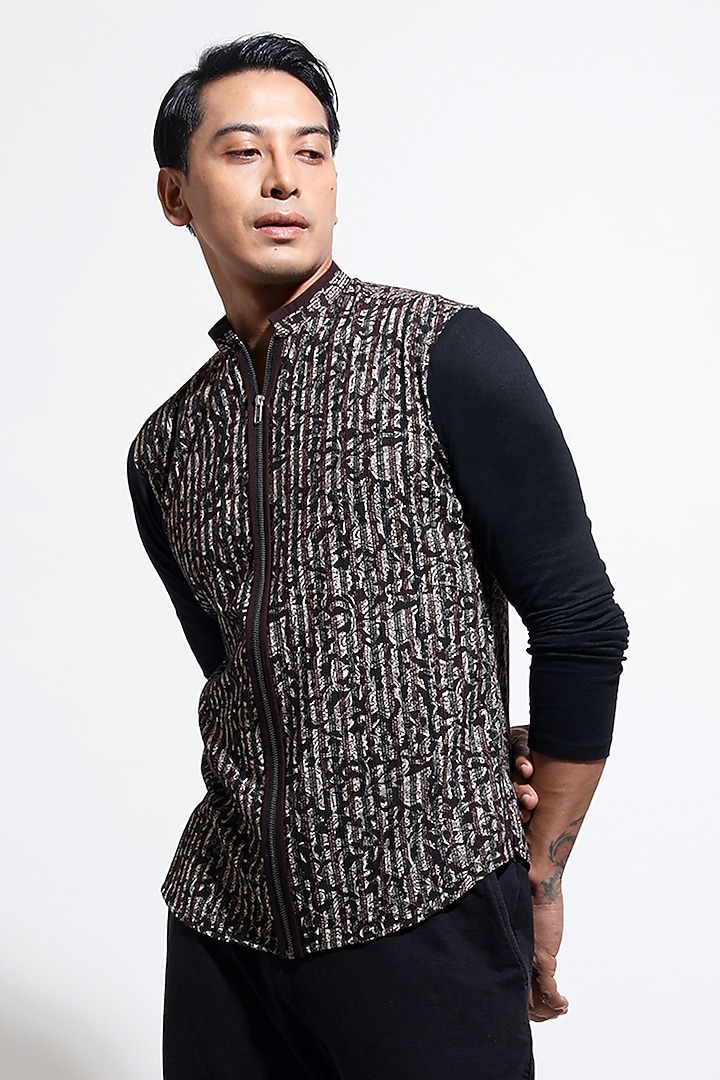 Black Cotton Printed Party Wear Shirt by Vivek Karunakaran at Pernia's Pop Up Shop