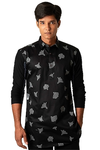 Black Poplin Tulip Printed Long Shirt by Vivek Karunakaran