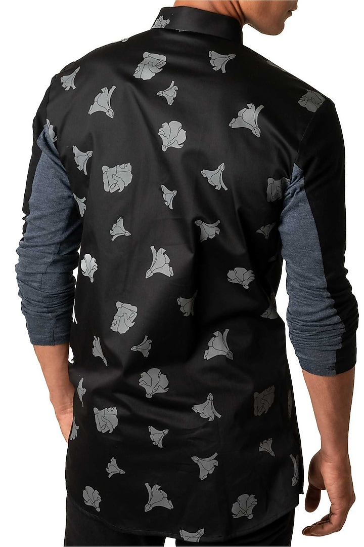 Black Poplin Tulip Printed Long Wedding Shirt by Vivek Karunakaran at Pernia's Pop Up Shop