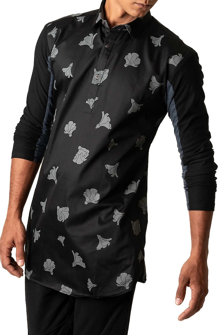Black Poplin Tulip Printed Long Wedding Shirt by Vivek Karunakaran at Pernia's Pop Up Shop