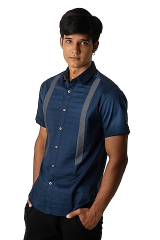 Navy Blue Poplin Shirt by Vivek Karunakaran