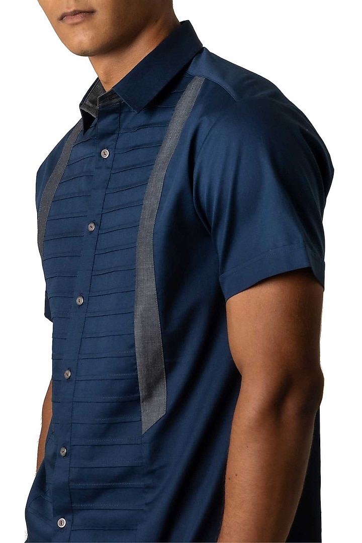 Navy Blue Poplin Party Wear Shirt by Vivek Karunakaran at Pernia's Pop Up Shop