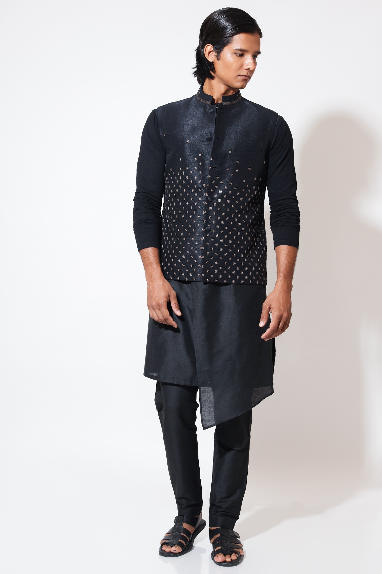 Vivek Karunakaran Black Cotton Silk Hand Embroidered Bundi Jacket Set