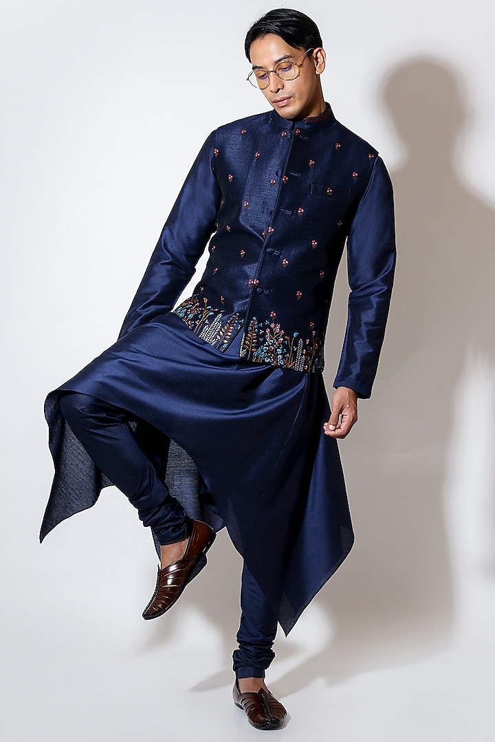 Blue Cotton Silk Hand & Machine Embroidered Bundi Jacket Set by Vivek Karunakaran