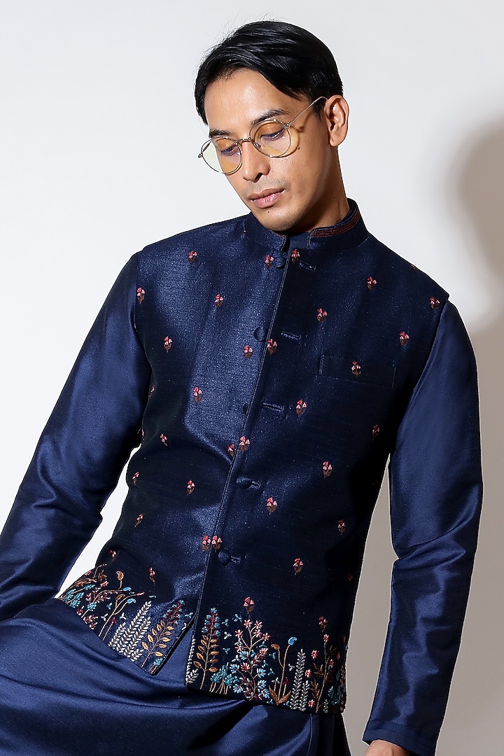 Blue Cotton Silk Hand & Machine Embroidered Bundi Jacket Set by Vivek Karunakaran at Pernia's Pop Up Shop