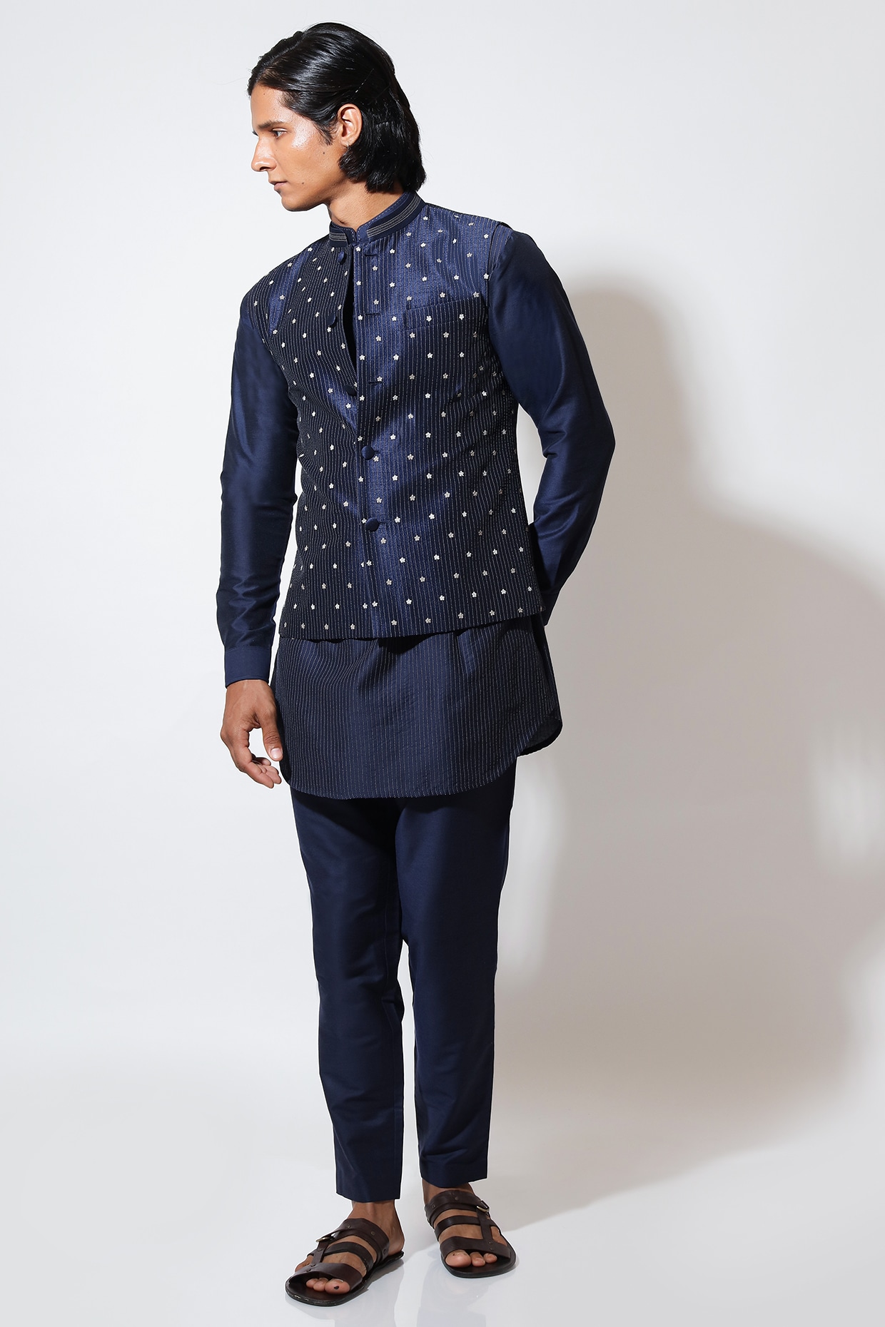 Vivek Karunakaran Blue Cotton Silk Hand & Machine Embroidered Bundi Jacket Set