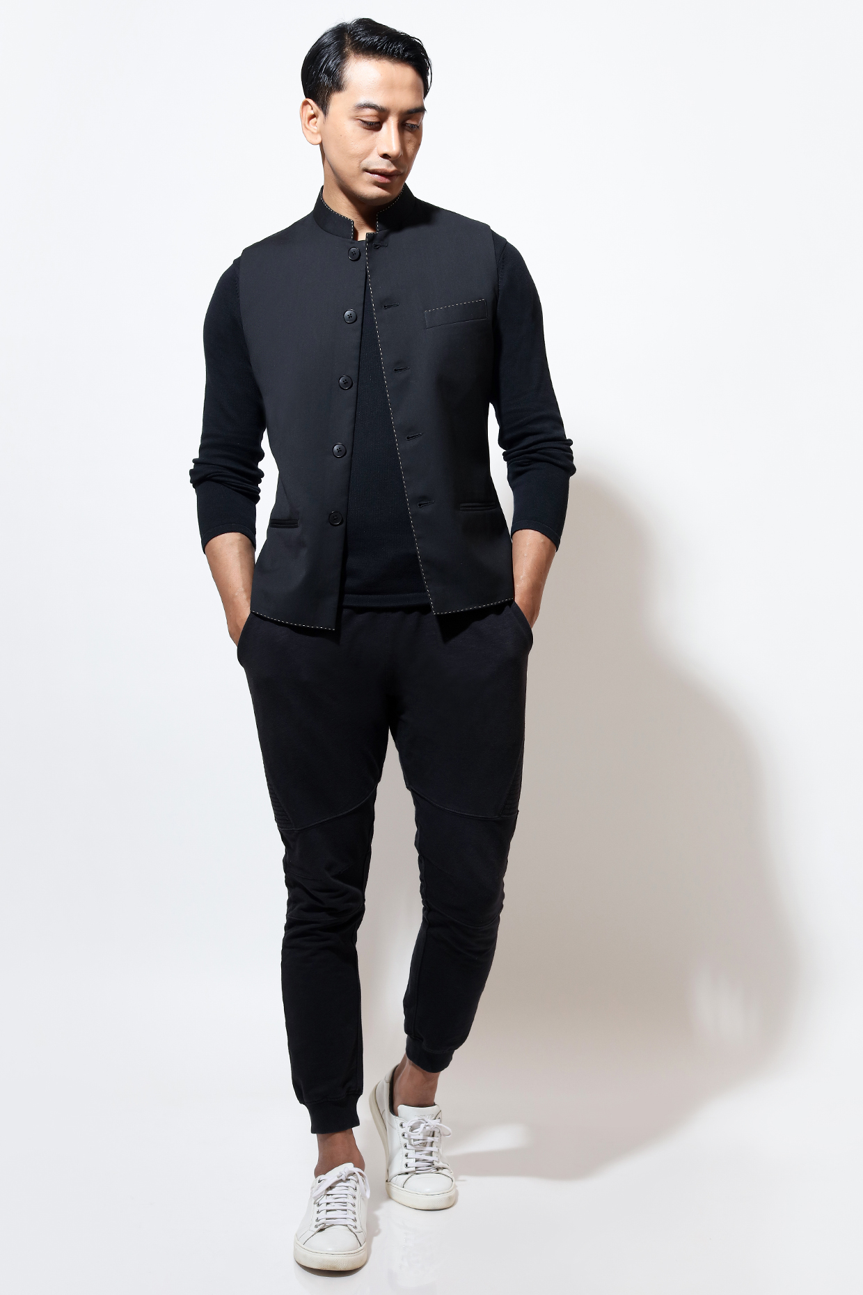 Black Suiting Handstitch Bundi Jacket by Vivek Karunakaran at Pernia's Pop Up Shop