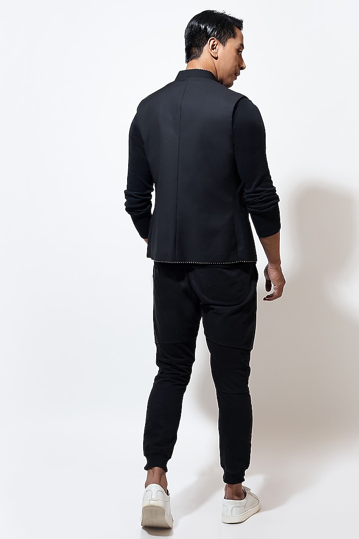 Black Suiting Handstitch Bundi Jacket by Vivek Karunakaran at Pernia's Pop Up Shop