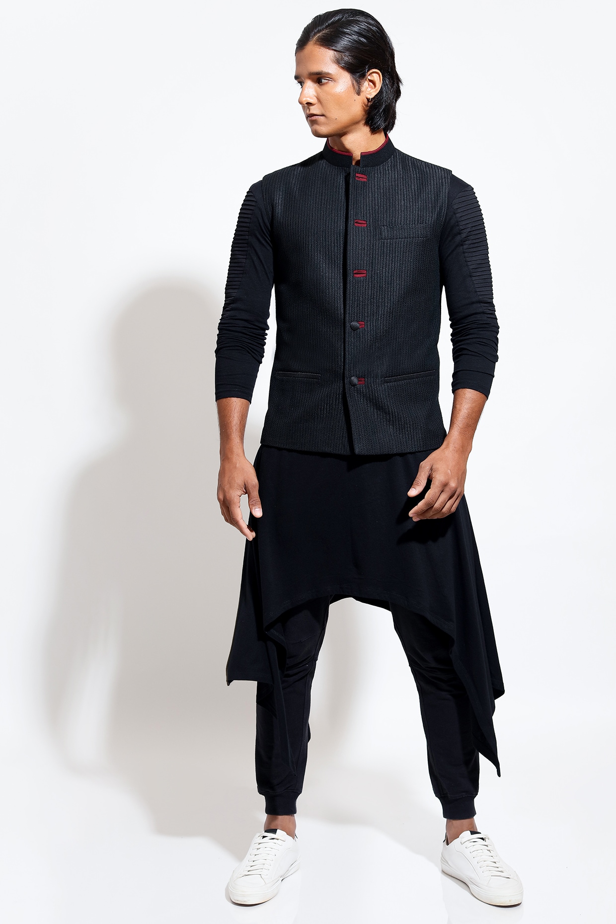 Vivek Karunakaran Black Cotton Silk Machine Embroidered Bundi Jacket