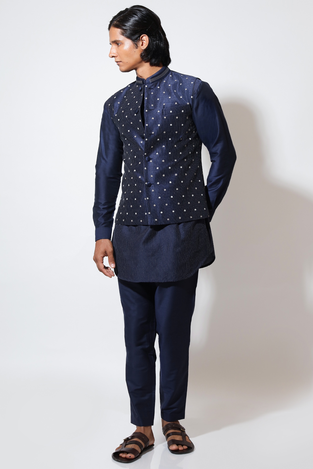 Vivek Karunakaran Blue Silk Boota Hand & Machine Embroidered Bundi Jacket
