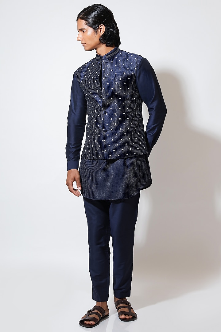 Blue Silk Boota Hand & Machine Embroidered Bundi Jacket by Vivek Karunakaran