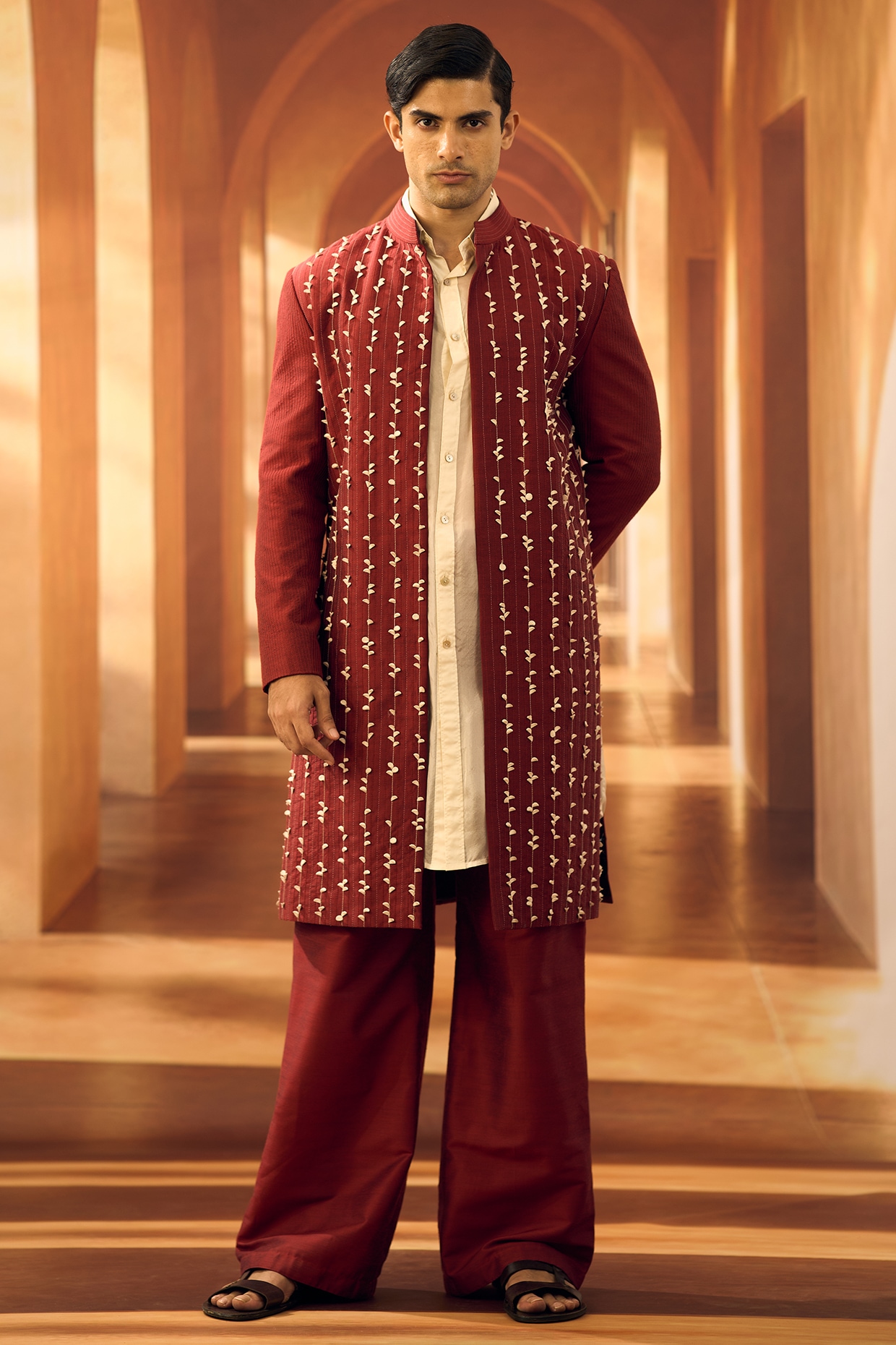 Vivek Karunakaran Deep Red Spun Cotton Open Sherwani