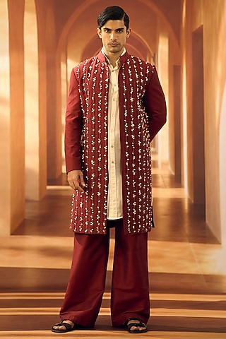 Deep Red Spun Cotton Open Sherwani by Vivek Karunakaran