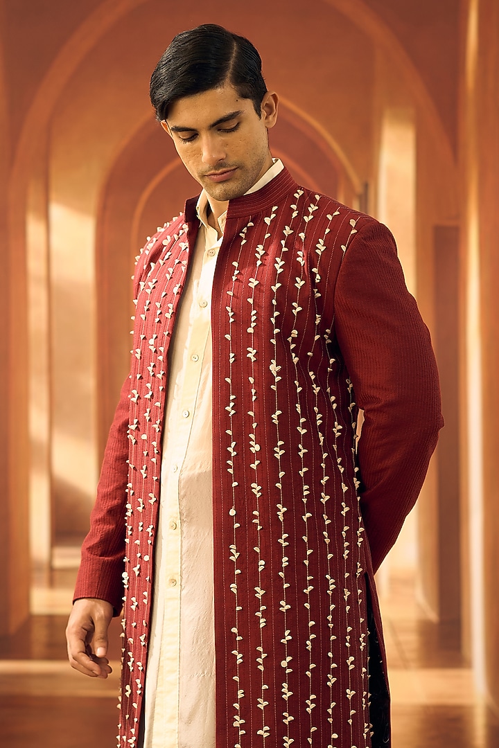 Deep Red Spun Cotton Open Wedding Sherwani by Vivek Karunakaran at Pernia's Pop Up Shop