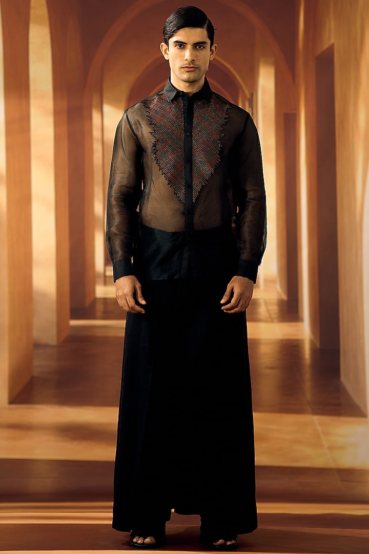 Black Organza Cutwork Party Wear Shirt by Vivek Karunakaran at Pernia's Pop Up Shop
