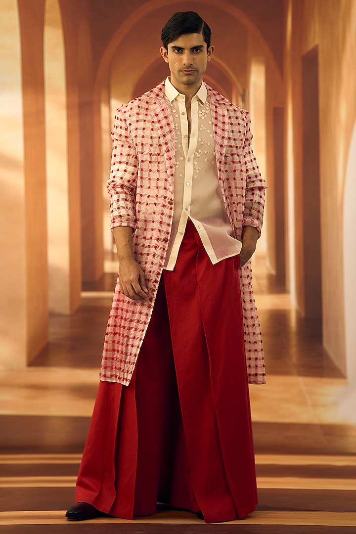 Off-White Organza Block Printed Trench Coat by Vivek Karunakaran at Pernia's Pop Up Shop