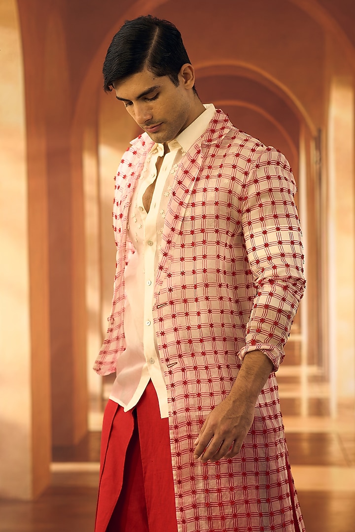 Off-White Organza Block Printed Trench Coat by Vivek Karunakaran at Pernia's Pop Up Shop