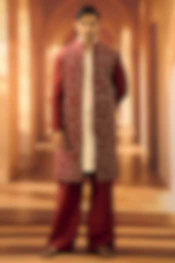 Deep Red Spun Cotton Korean Pants by Vivek Karunakaran at Pernia's Pop Up Shop