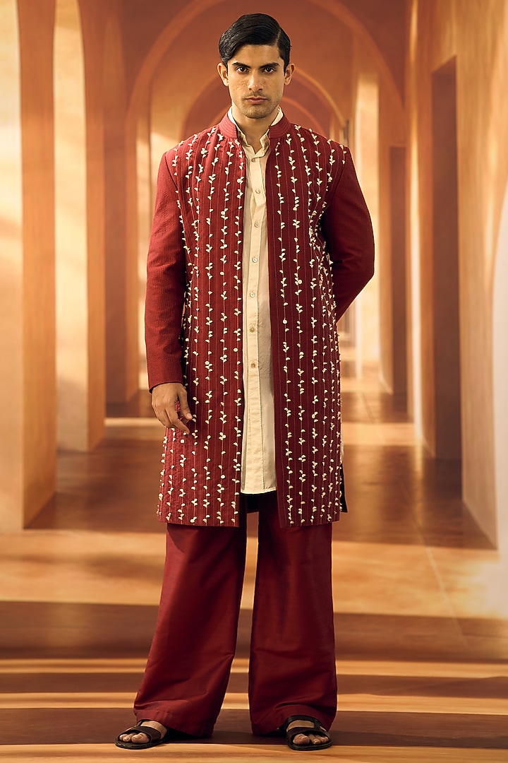 Deep Red Spun Cotton Korean Pants by Vivek Karunakaran at Pernia's Pop Up Shop