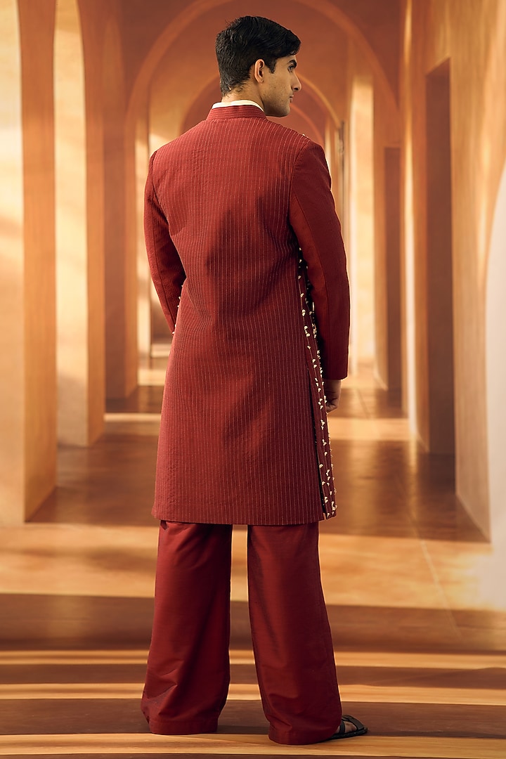 Deep Red Spun Cotton Korean Pants by Vivek Karunakaran at Pernia's Pop Up Shop