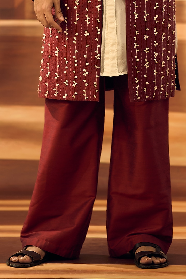Deep Red Spun Cotton Korean Pants by Vivek Karunakaran at Pernia's Pop Up Shop
