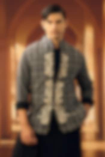 Black Semi Raw Silk Applique Embroidered Shacket by Vivek Karunakaran at Pernia's Pop Up Shop