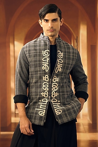 Black Semi Raw Silk Applique Embroidered Shacket by Vivek Karunakaran