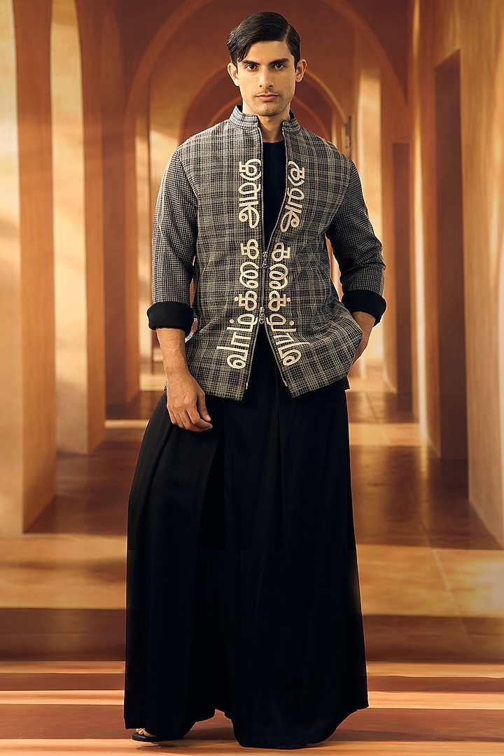 Black Semi Raw Silk Applique Embroidered Shacket by Vivek Karunakaran at Pernia's Pop Up Shop