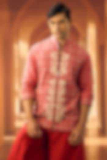 Red Poplin Applique Embroidered Shacket by Vivek Karunakaran at Pernia's Pop Up Shop