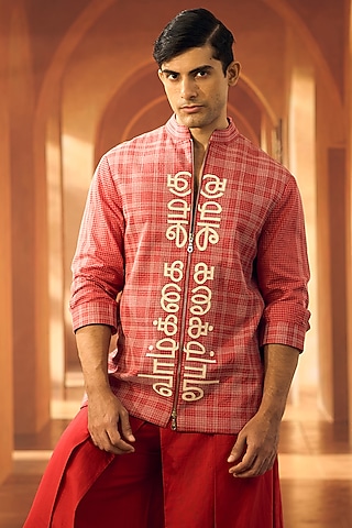 Red Poplin Applique Embroidered Shacket by Vivek Karunakaran