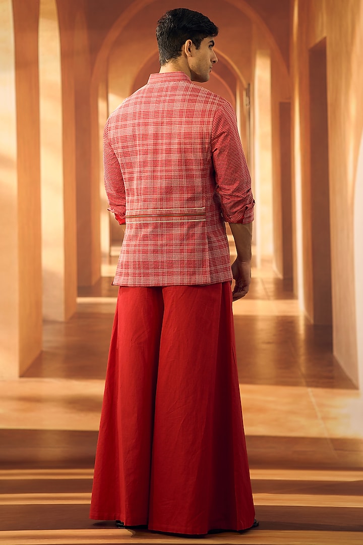 Red Poplin Applique Embroidered Shacket by Vivek Karunakaran at Pernia's Pop Up Shop