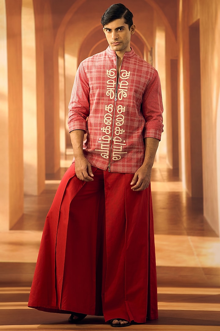 Red Poplin Applique Embroidered Shacket by Vivek Karunakaran at Pernia's Pop Up Shop