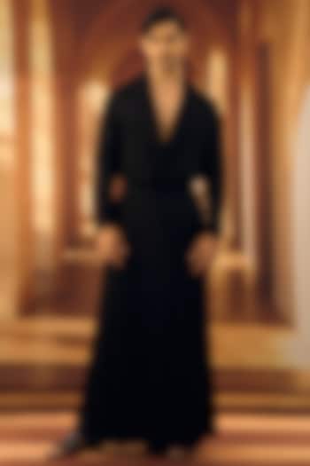 Black Modal Satin Wrap Party Wear Shirt by Vivek Karunakaran at Pernia's Pop Up Shop