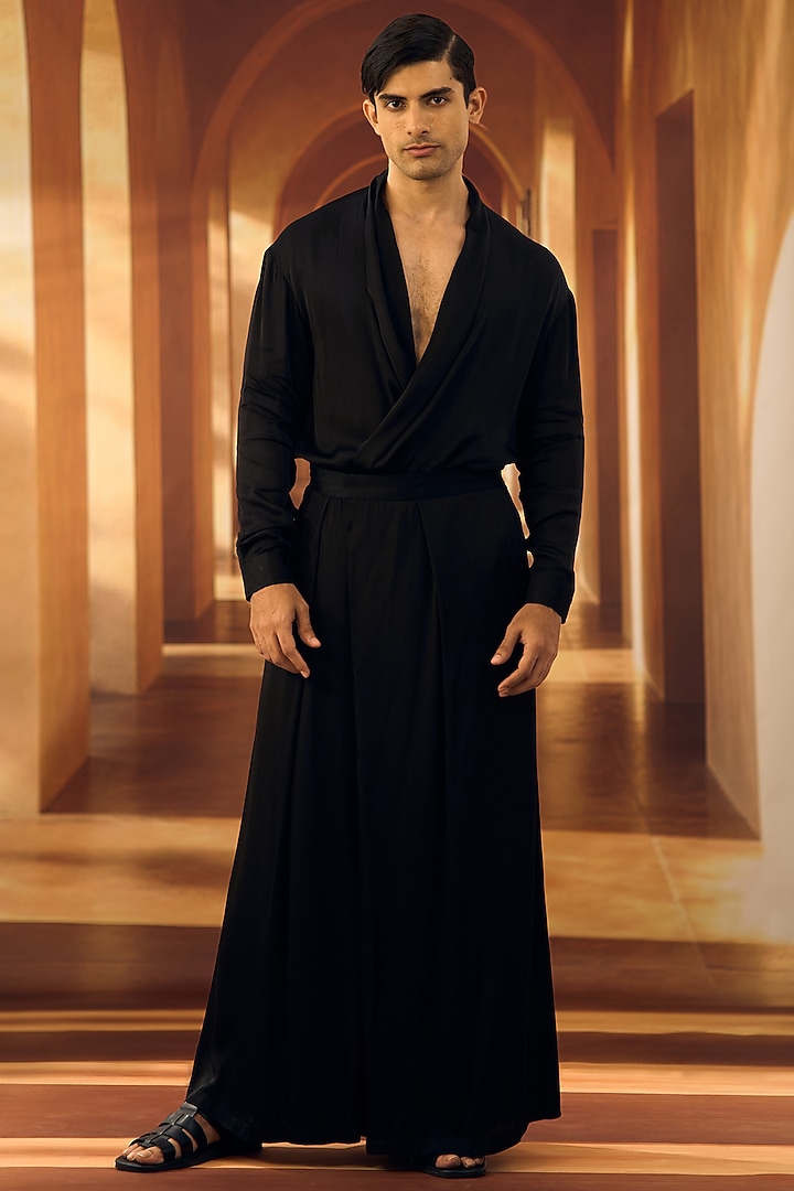 Black Modal Satin Wrap Party Wear Shirt by Vivek Karunakaran at Pernia's Pop Up Shop